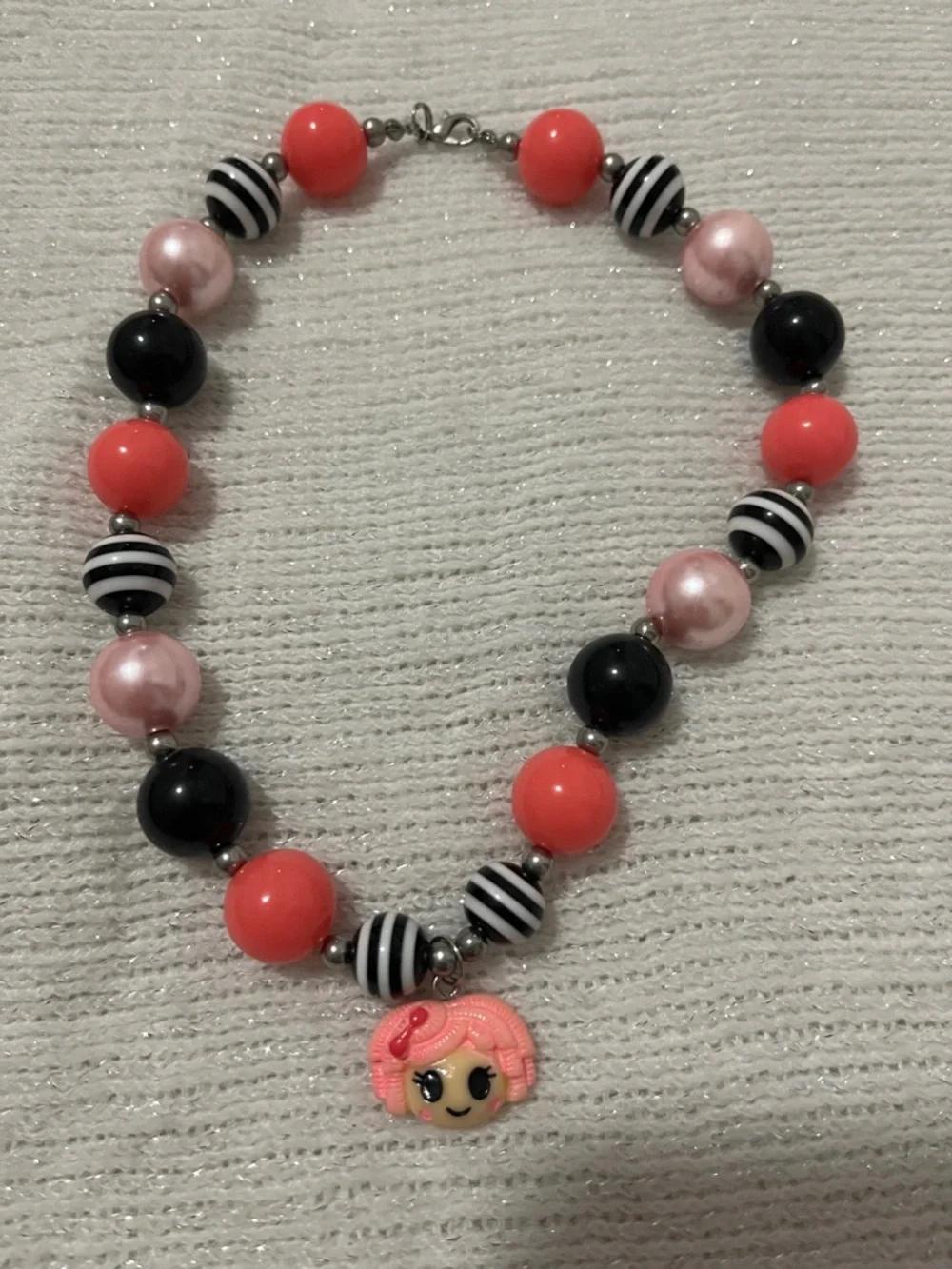 Cute Coral, Black & Pink Beaded Necklace with Playful lalaloopsy Face Charm